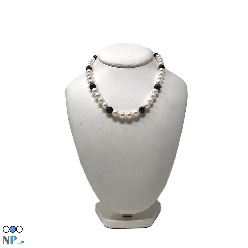 Collier de perles d'eau douce blanche 8-9 mm  et Pierres semi-precieuses de Larvakite 8,0 mm 40cm ou 44 cm